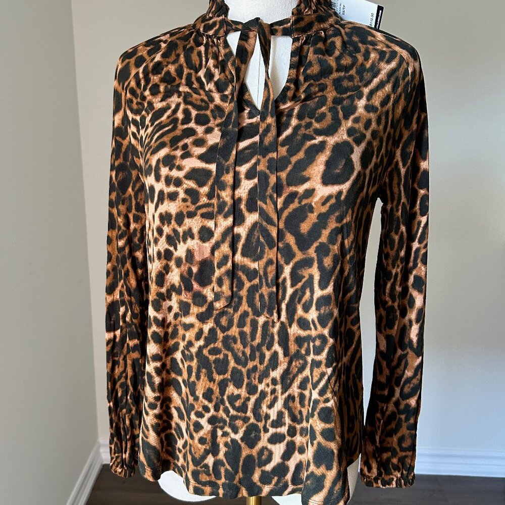 NWT Lauren by Ralph Lauren Long Sleeve Tie Neck Leopard-Print Shirt